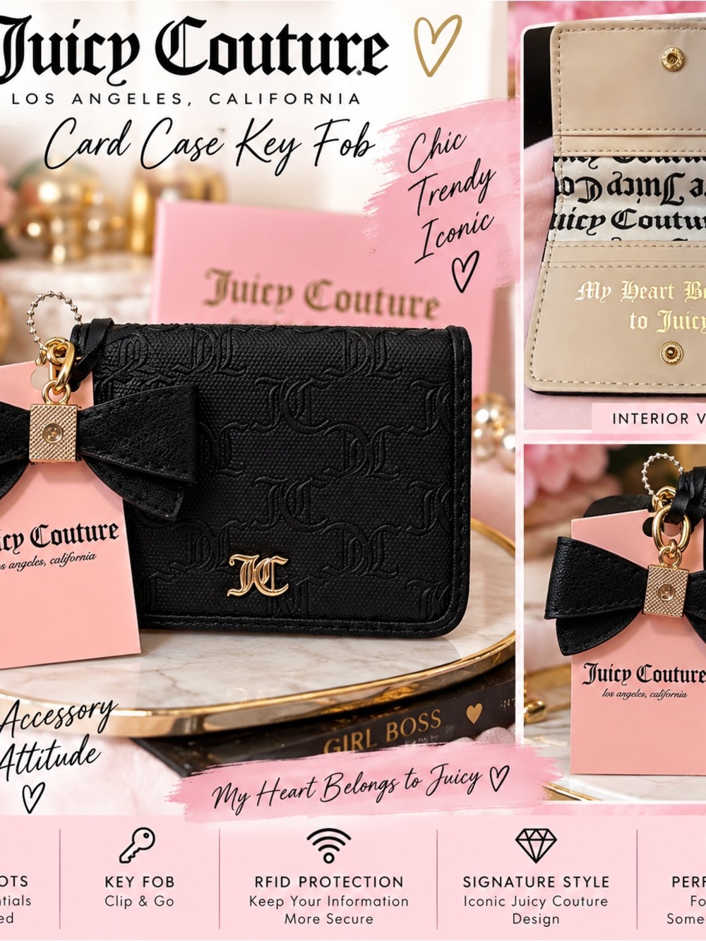 Juicy Couture Black Embossed Card Case Key Fob with Gold Hardware and Bow Charm